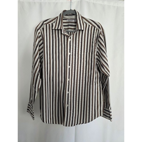 Nautica Womens Striped Long Sleeve Button Up Shirt Size M Brown White - Picture 1 of 3